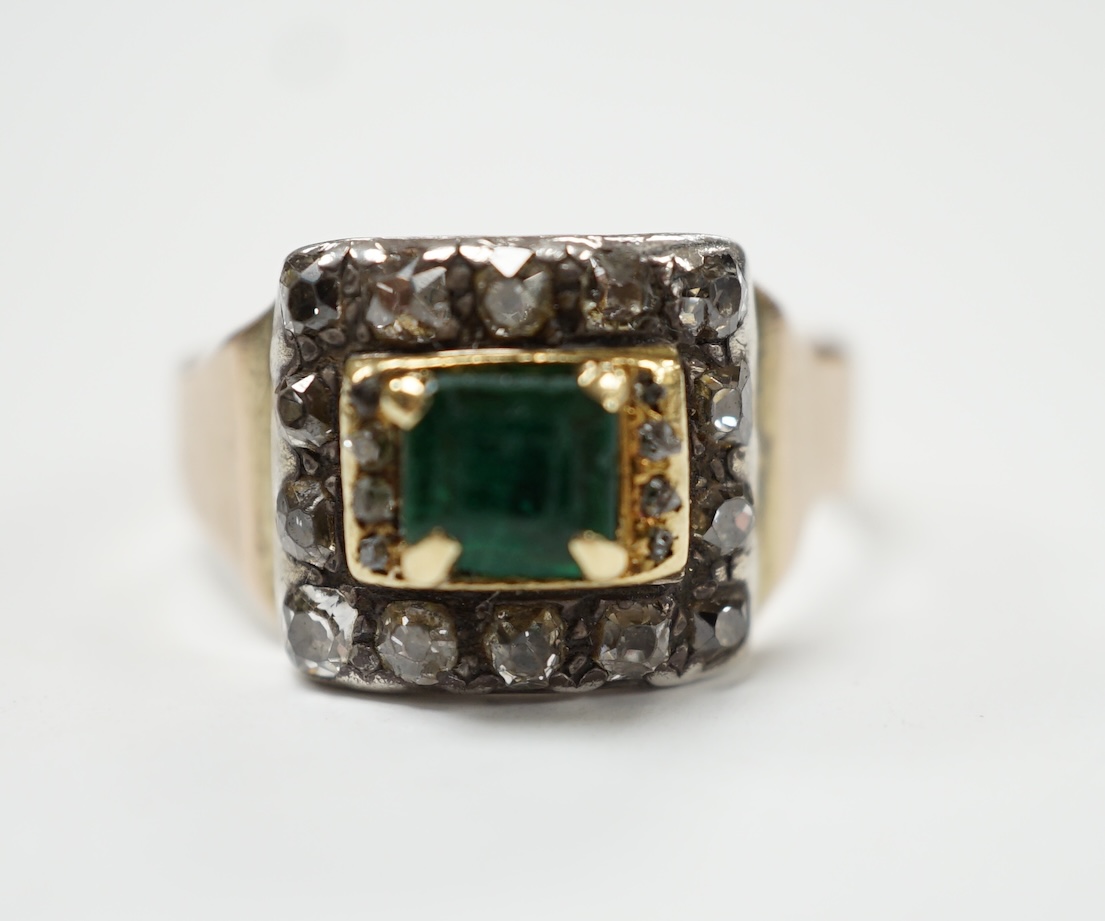 A George III 18ct, emerald and diamond cluster set mourning ring, with engraved inscription, 'H. Goodwin? died 18th Jan, 1790, aged 63', size S, gross weight 5.5 grams. Fair condition.